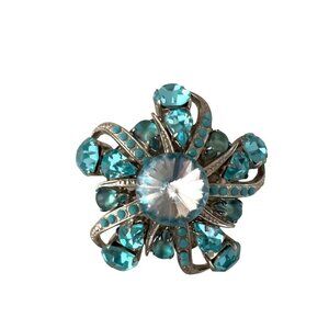 Vintage Prong Set Aquamarine Glass Rhinestone Silvertone Enamel Brooch Marine